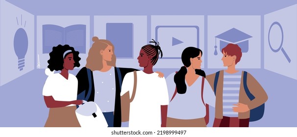 Multicultural group of students and hologram, modern flat vector stock illustration as concept of online education and digital technologies