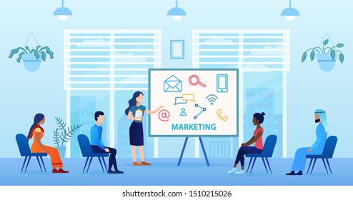 A multicultural group is studying marketing. Access education from around the world online. The quality of new education. Business training. Flat cartoon vector illustration. Can be banner or header