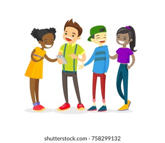 Multicultural group of teenage friends looking at smartphone and laughing. Cheerful Asian, African and Caucasian teenagers watching video on a smartphone. Vector isolated cartoon illustration.