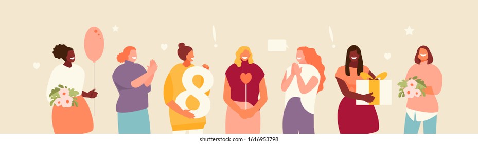 Multicultural group of women celebrating international women s day. March 8 vector illustration banner