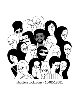 A multicultural group of women and men (Muslim, Asian, European, Hindu) on a white background. Social diversity. Doodle cartoon vector illustration.