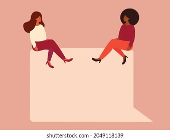 Grupo multicultural de mujeres sentadas en una gran burbuja de discursos. Una mujer hablando con su mejor amiga sentada en una burbuja cuadrada. Feminismo, empoderamiento de la mujer, concepto de libertad de expresión. Ilustración vectorial.