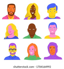 Grupo multicultural de trabajadores. Hombres de negocios y mujeres avatan coloridos íconos. Ilustración vectorial de los personajes de la gente.