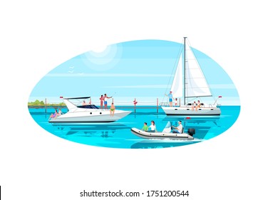 Multicultural group in yacht club semi flat vector illustration. Luxury boat for rental. Premium regatta for maritime voyage. Summer recreation 2D cartoon characters for commercial use