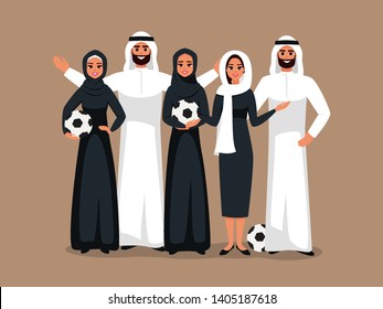 Multicultural Group of young women and men standing together with soccer ball in the hands. Vector Design with successful team of Muslim and Caucasian people working together on world championship cup