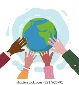 Multicultural hand holding Earth. World diversity. International people for peace together. Save and support planet. Persons unity. Tolerance or racial equality. Vector design utter concept