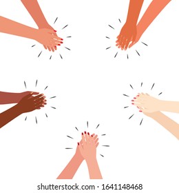 Multicultural hands applaud. Clap around. Greetings, thanks, support. Vector illustration on white background