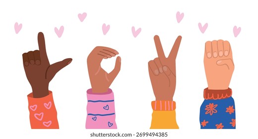 Manos multiculturales que forman cartas de AMOR con corazones lindos: diseño de Vectores de diversidad, amistad y unidad para campañas sociales y tarjetas de felicitación