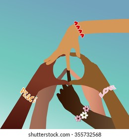 Multicultural hands forming peace sign 