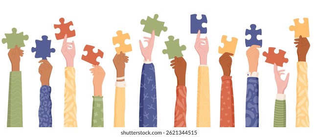 Manos multiculturales sostienen piezas de rompecabezas. Diversos grupos trabajan juntos para la caridad y el trabajo en equipo. Concepto de voluntariado con las manos levantadas de colores, que simboliza la ayuda y la unidad social. Estilo plano,
