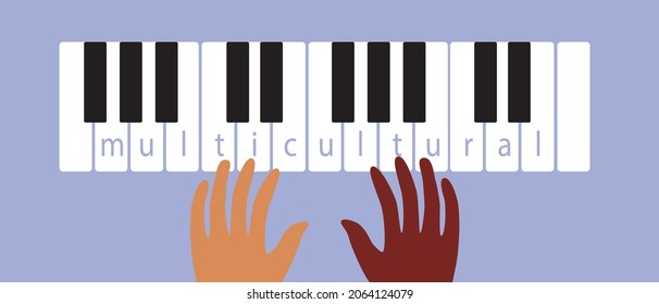 Multicultural hands on piano keys, Multicultural class. Flat vector stock illustration. Piano music. African musician hands. Top view. Multicultural Music Concept. Isolated illustration