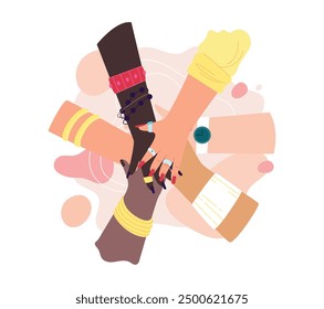 Multicultural hands support each other. lovers meeting, partnership, support, friendship friends hands, agreement, hand in hand flat vector illustration
