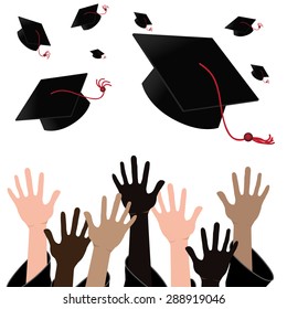 Multicultural hands tossing mortarboards into the sky at graduation. Easy to separate top from bottom to add copy space. EPS 10 vector.