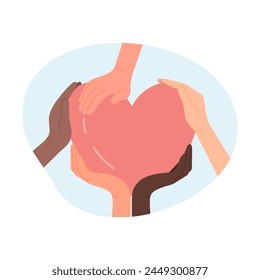 Multicultural hands touching one heart. Sharing love and care, nation tolerance cartoon vector illustration