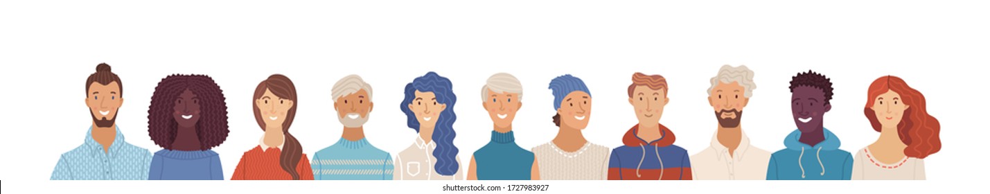 Multicultural happy adult men and women standing together. International community concept with diverse people. Vector flat illustration. Web banner with happy students or work team