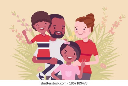 Multicultural happy family, parents and kids of different race, culture. Father, mother, son, daughter portrait, four members posing together, smiling in love. Vector flat style cartoon illustration