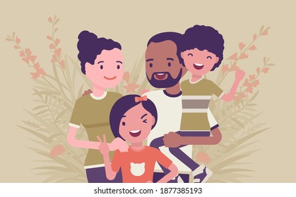 Multicultural happy family, parents and kids of different race, culture. Father, mother, son, daughter portrait, four members posing together, smiling in love. Vector creative stylized illustration