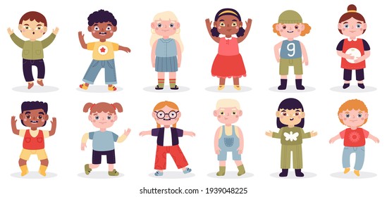 Multicultural happy kids. School girls and boys group, diverse kids characters, cute laughing children. Funny laughing babies vector illustration set