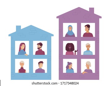 Multicultural happy people look out of house windows. Smiling adult men and women live together in the same house. International community concept with diverse neighbors vector illustration.