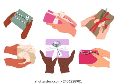 Multicultural human hands with wrapped gift. Birthday, Valentines, anniversary, Christmas concept compositions. Different color skin hands giving gift