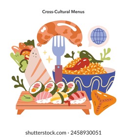 Concepto de influencia multicultural. Una Ilustración vectorial que muestra una variedad de platos internacionales que transmiten unidad culinaria global. Diversa fusión de alimentos en un plato.