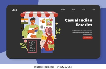 Multicultural Influence concept. A welcoming Indian street food vendor serves a delighted customer. Culinary traditions meeting global taste buds, against a website interface backdrop. Vector