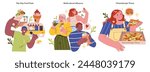 Multicultural influence set showcases diverse people enjoying global fusion food. Hip-hop vibes, shared meals, cultural blend. Vector illustration.