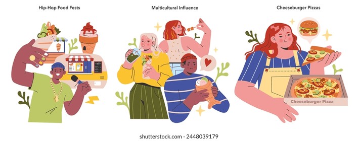 El conjunto de influencia multicultural muestra a diversas personas disfrutando de la comida de fusión global. Ambiente hip-hop, comidas compartidas, mezcla cultural. Ilustración vectorial.