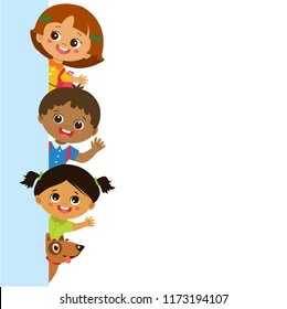 Multicultural Kids behind vertical banner vector. Group of children vector. School Kids With Blank Banner.