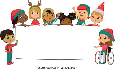 Multicultural kids Christmas Elves hold a blank board. Cute little kids on a white background show a blank poster for text entry. Inclusive education. Banner. Cartoon Vector illustration. Isolated.