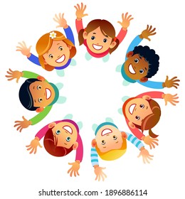 Multicultural Kids in a circle in the flowers with happy faces shoot from above lifting hands above. Happy Friendship Day greeting card illustration. Cartoon vector illustration isolated background.