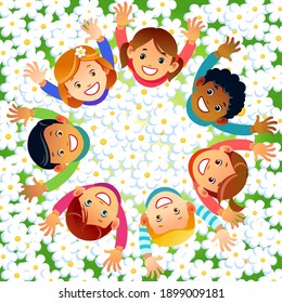 Multicultural Kids in a circle in the flowers with happy faces shoot from above lifting hands above. Happy Friendship Day greeting card illustration. Cartoon vector illustration.