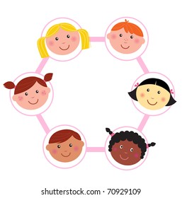 Multicultural kids head circle - icons isolated on white. Vector Illustration.