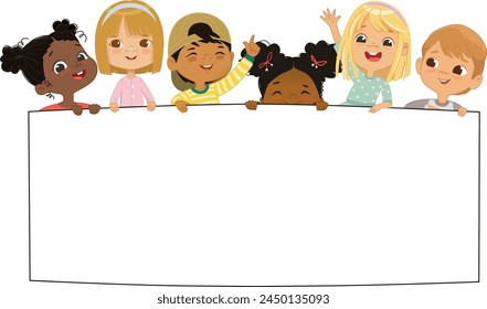 Multicultural kids hold a blank board. Cute little kids on a white background show a blank poster for text entry. Banner. Cartoon Vector illustration. Isolated.