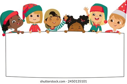 Multicultural kids hold a blank board. Cute little kids on a white background show a blank poster for text entry. Inclusive education. Banner. Cartoon Vector illustration. Isolated.