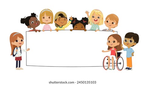 Multicultural kids hold a blank board. Cute little kids on a white background show a blank poster for text entry. Inclusive education. Banner. Cartoon Vector illustration. Isolated.