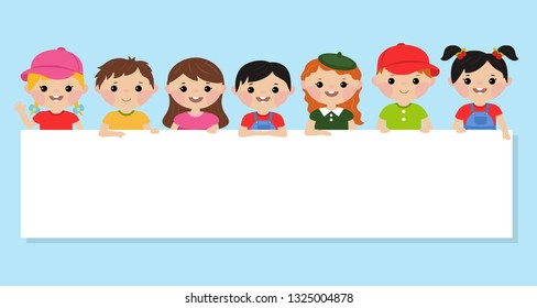 Multicultural kids holding blank banner. Happy children vector illustration.