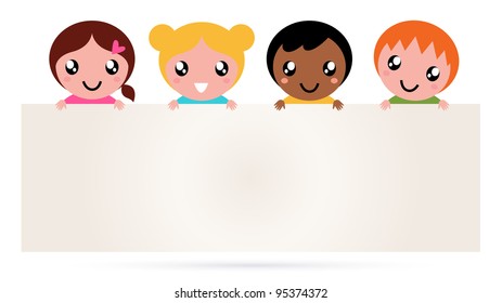 Multicultural kids holding blank banner sign isolated on white