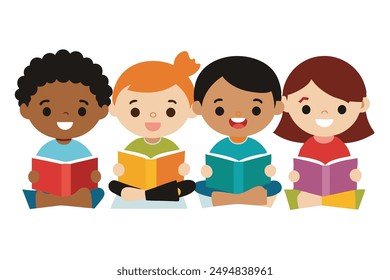 Multicultural Kids Playing and Reading Books  Children Vector Illustration Cartoon Clip art and Line Art Design