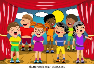 Multicultural Kids Singing On Stage At School Play 