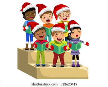 Multicultural Kids Wearing Xmas Hat And Singing Christmas Carol On Choir Riser Isolated