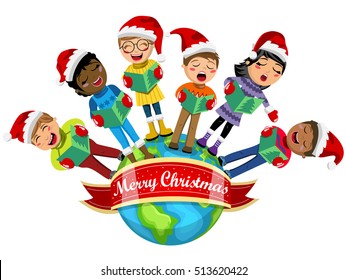 Multicultural kids wearing xmas hat and singing Christmas carol on the Earth isolated