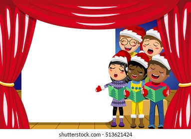 Multicultural Kids Wearing Xmas Hat And Singing Christmas Carol At Nativity Play On Stage Copyspace