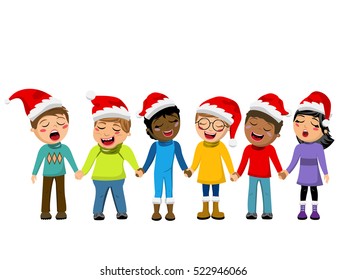 Multicultural kids wearing xmas hat singing Christmas carol hand in hand isolated