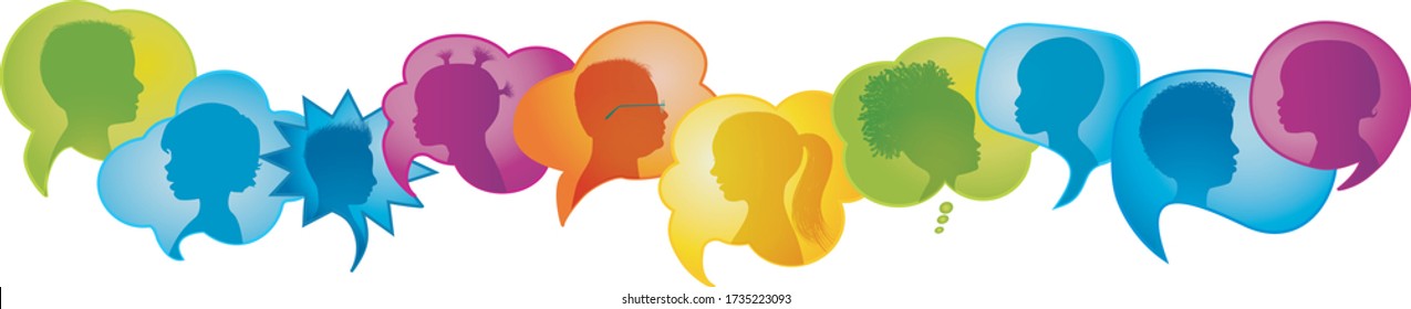 Multicultural kindergarten.Silhouette group of modern children in rainbow colored profile.Communication between multi-ethnic children.Children talking.Speech bubble.Globalization