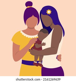 Multicultural LGBT Family Two Lesbian Moms Vector Illustration In Flat Style