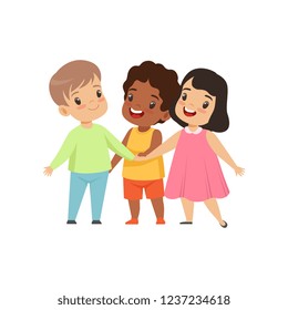 Multicultural little kids standing together, friendship, unity concept vector Illustration on a white background.