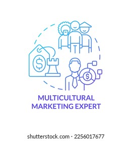 Icono de concepto de degradado azul de experto en marketing multicultural. Diversidad. En demanda idea de pequeña empresa idea abstracta idea ilustración de línea delgada. Dibujo de contorno aislado. Se usa una fuente Myriad Pro-Bold