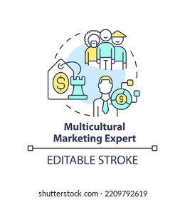 Multicultural Marketing Expert Concept Icon. In Demand Small Business Idea Abstract Idea Thin Line Illustration. Isolated Outline Drawing. Editable Stroke. Arial, Myriad Pro-Bold Fonts Used