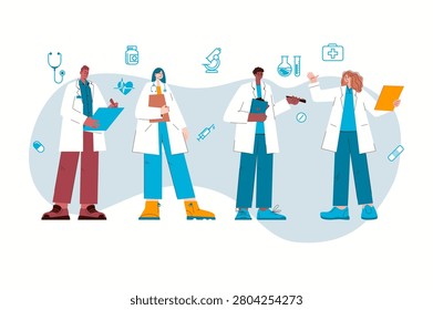 Multicultural medical team of full-body doctors and nurses, representing diversity, inclusion and professional healthcare. Vector illustration characters.